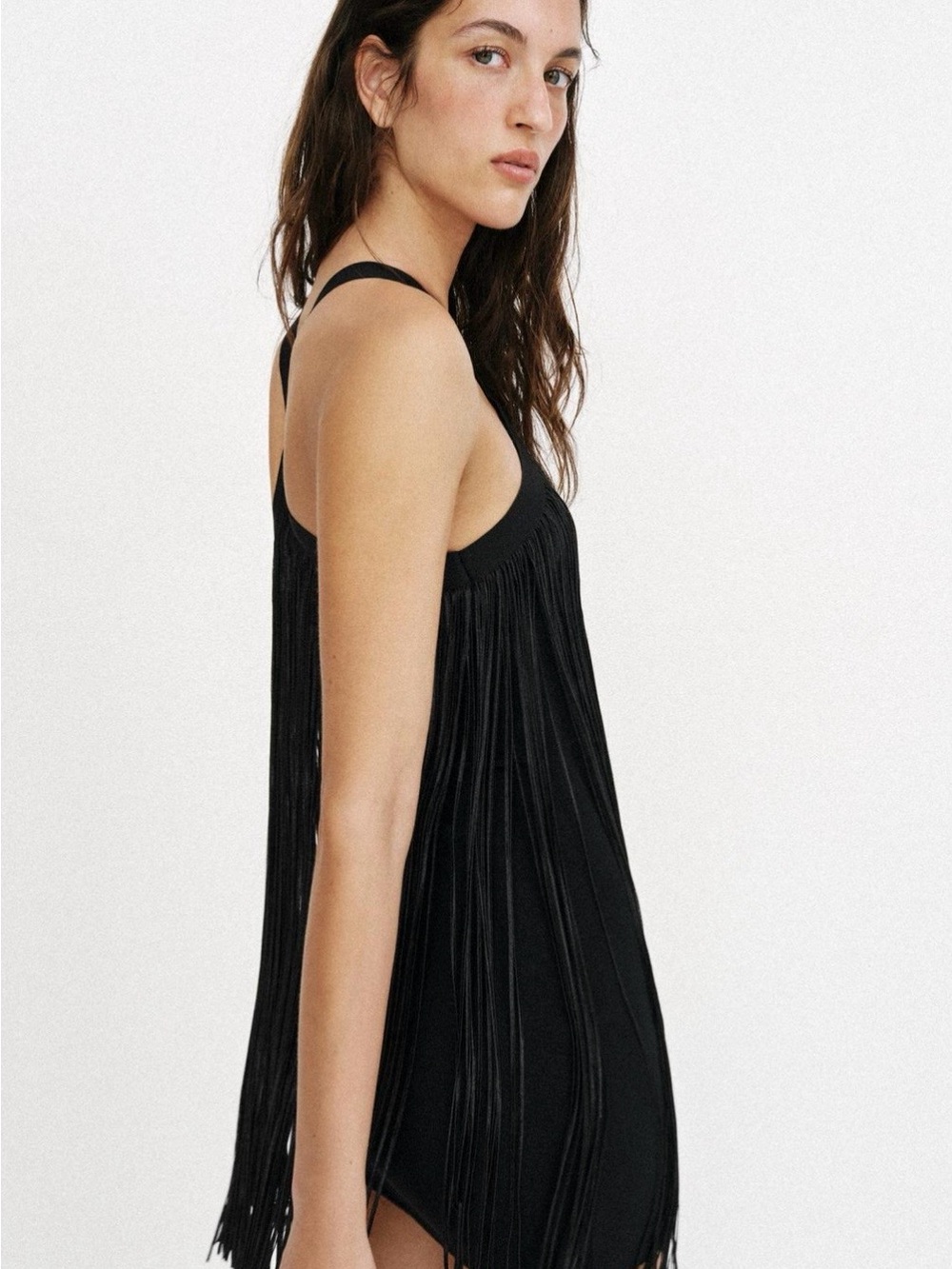 Zara Black Fringe Halter Mini Dress with Crisscross Straps Size Medium NWT - Picture 7 of 10